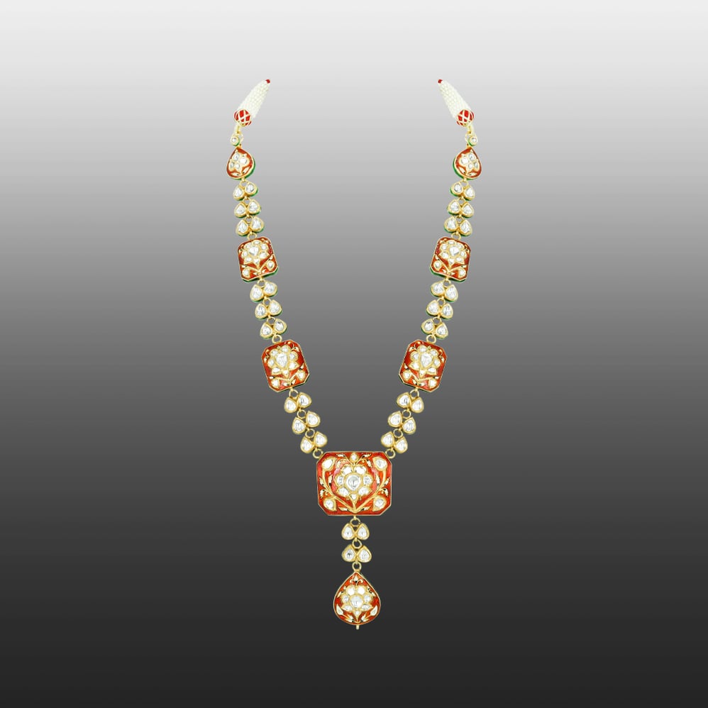 Polki Necklace with Red Enamel and Drop Pendant